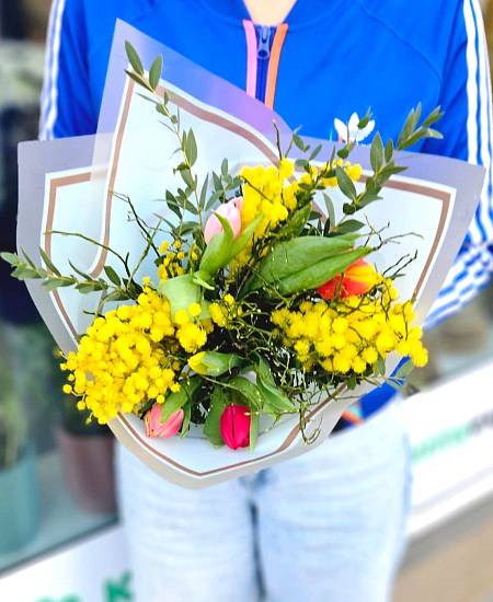 Tulips with mimosa