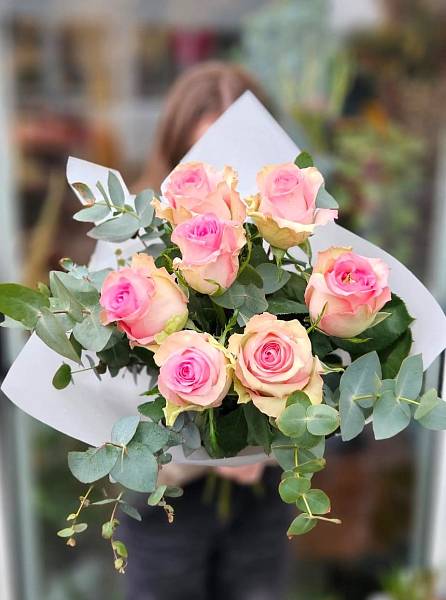 Pink Roses in Eucalyptus